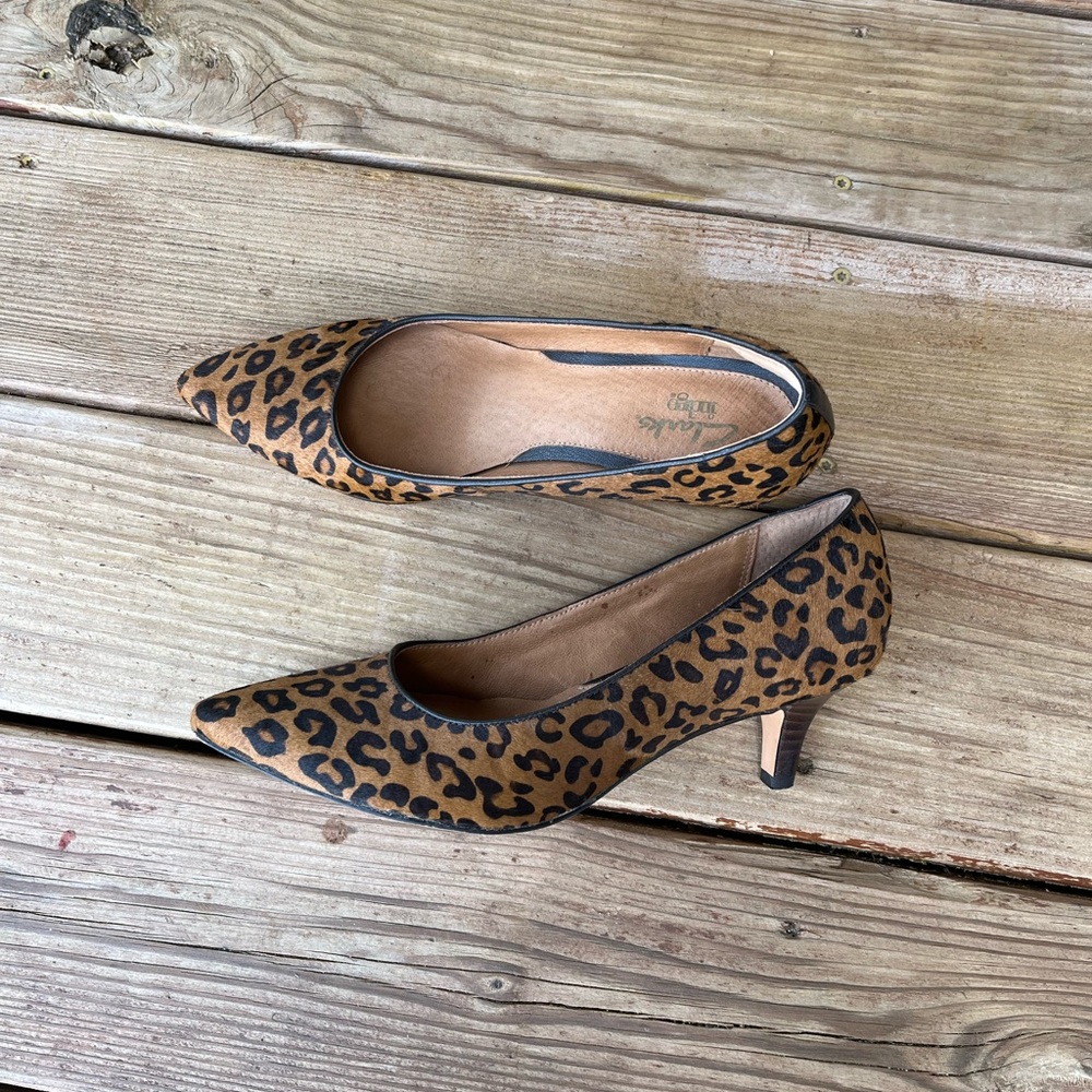 Clark’s animal print kitten heels.